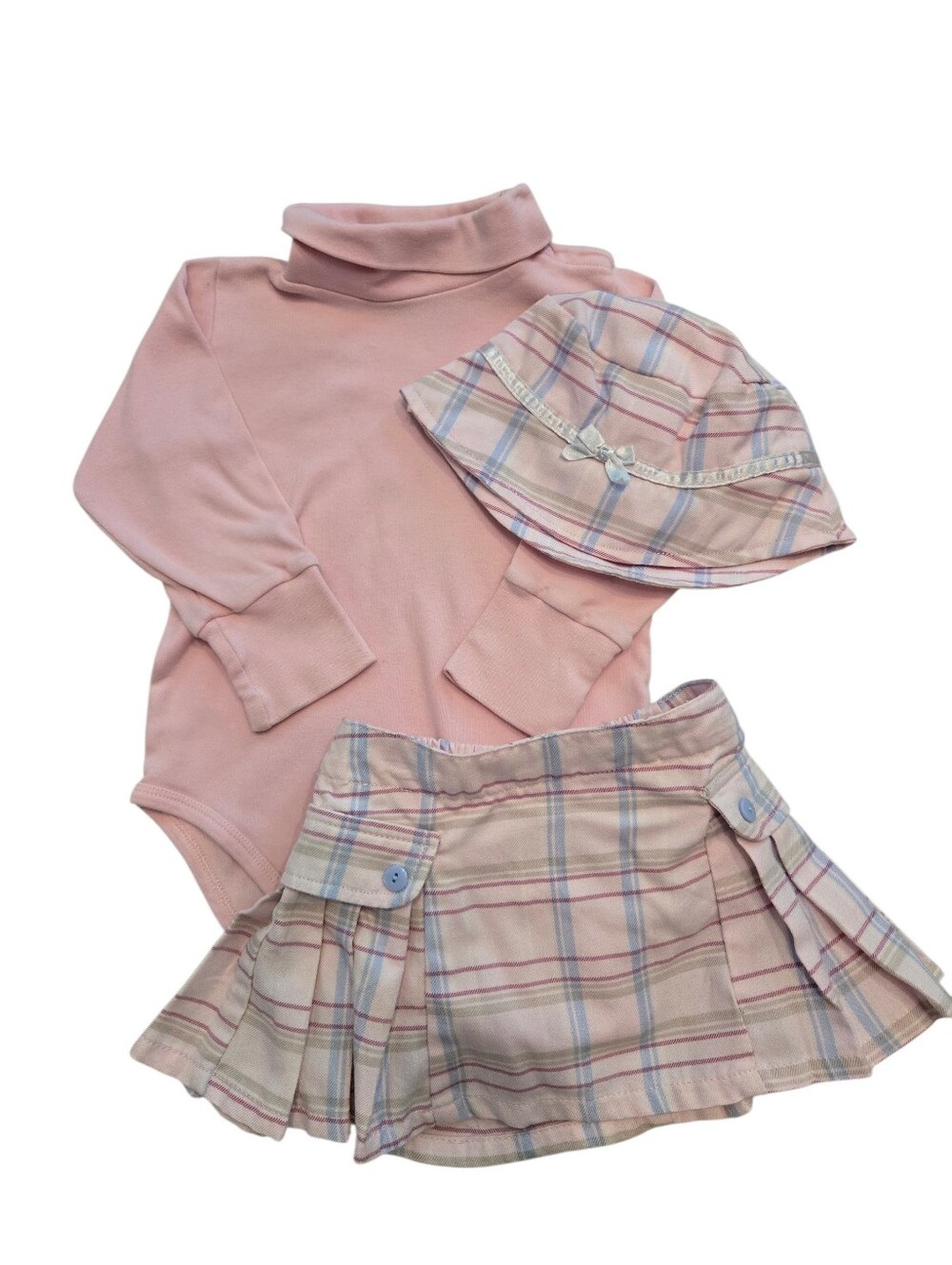 Vintage Y2k Winnie The Pooh Pastel Pink Plaid Skort, Turtleneck, Bucket Hat Set